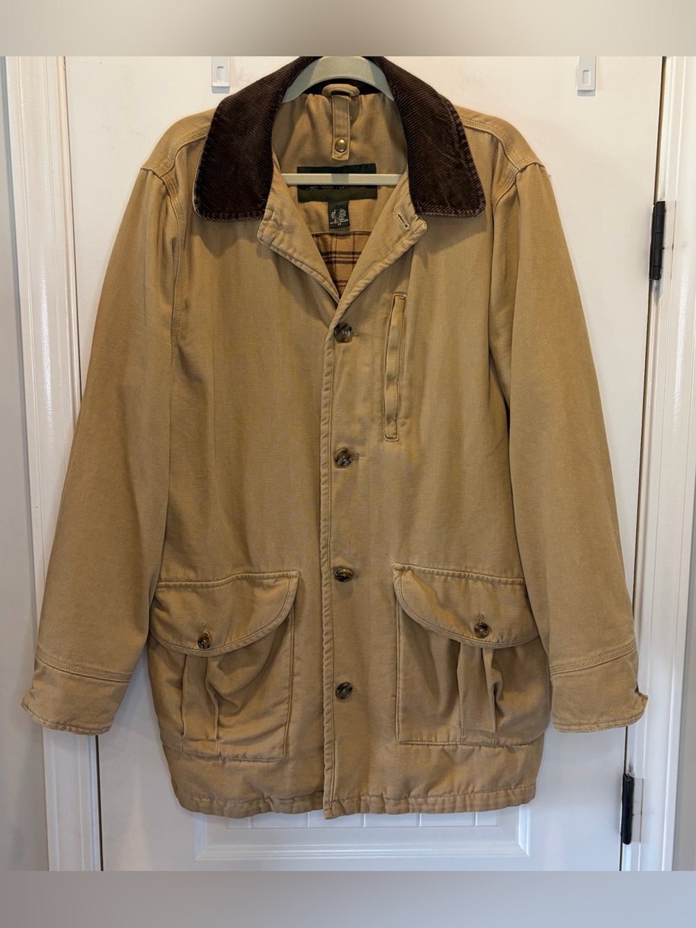 Eddie Bauer Beige Khaki Canvas Flannel Lined Barn Chore Jacket Coat Men’s Medium